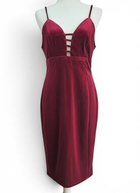 HAUTE MONDE Burgundy Red Velvet Caged Neck Bodycon Fitted Stretchy Dress Size L